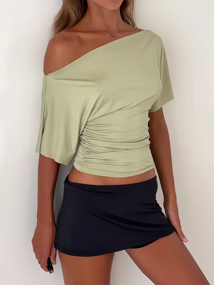 Absobe Off Shoulder Ruched Crop Top Women Basics Solid Color Skew Collar Short Sleeve T-shirts Summer Casual Streetwear Tees image 4