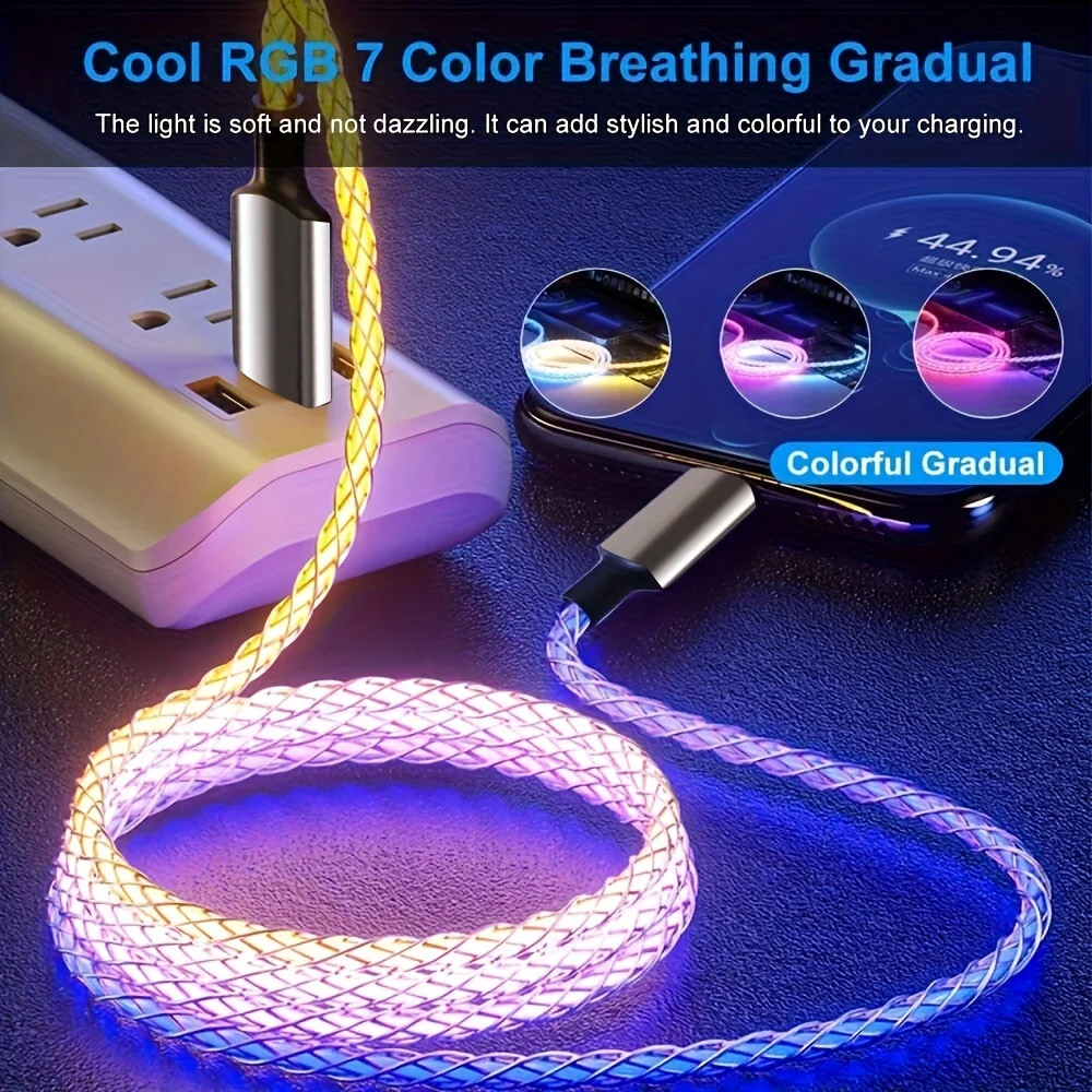 100W TYPE-C TO C Fast Charging Cable,Data Transfer,Multicolor LED RGB Light Gradient Car Interior Atmosphere Light Glow Charger
