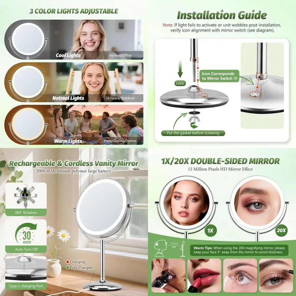 Miroir de maquillage éclairé 9 avec grossissement 20X/1X, chargement de base et miroir de courtoisie à éclairage réglable en 3 couleurs pour un usage domestique