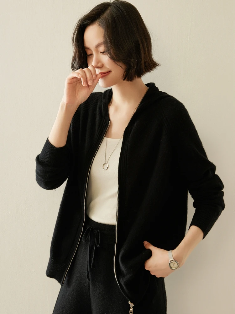 MEETCC 秋冬女性フード付きカーディガン 100% カシミヤセーターパーカーカジュアルカシミヤニット女性の高級ジャケット韓国トップ