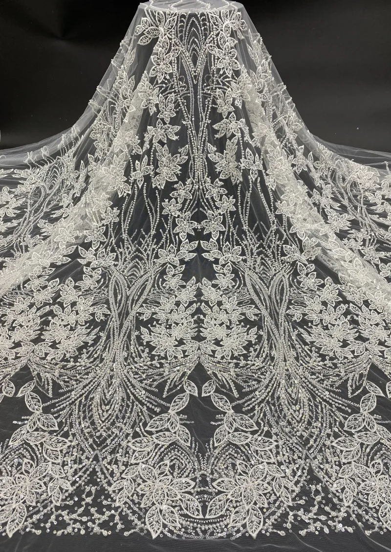 

2023 HOT Soft Tulle Sewing Articles Crystal Beaded Fabric Sew Fabrics in Meter Beading Lace Ivory Color European Design