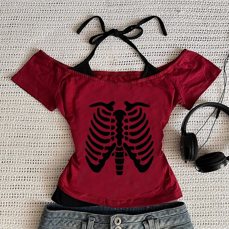 Harajuku الجمالية عادية تي شيرتات قصيرة الاكمام Y2K الإبداعية الجمجمة نمط طباعة المرأة المحاصيل الأعلى موضة مثير سليم س الرقبة الطفل المحملة #5