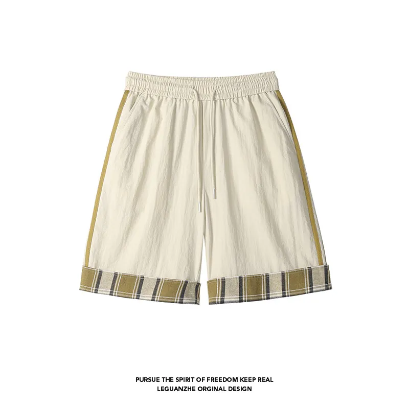 Summer Quick-drying Lightweight Sports Shorts Men's Retro Plaid Patchwork Knee Trousers Casual Straight Five-minute Trousers