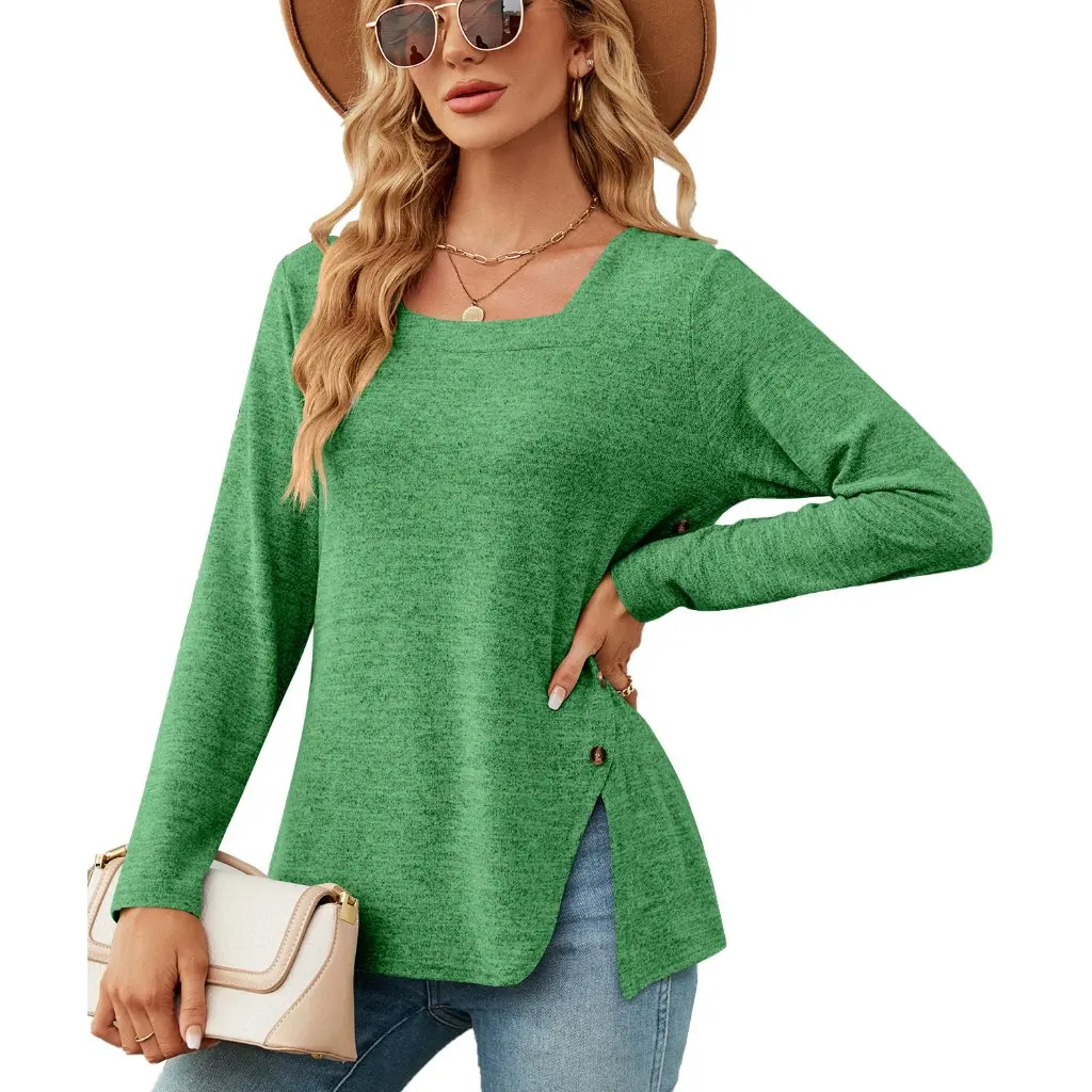 

Women's Long Sleeve T-shirt Square Collar Button Split Loose Fit Top for Autumn Winter New