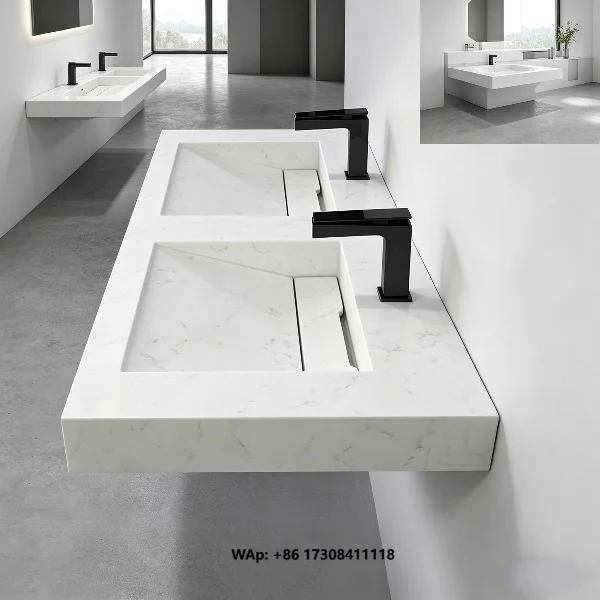 Luxury Single Double Sinks Marble Solid Surface Wash Basin Bathroom Sink Customized Design Size Vanity Set