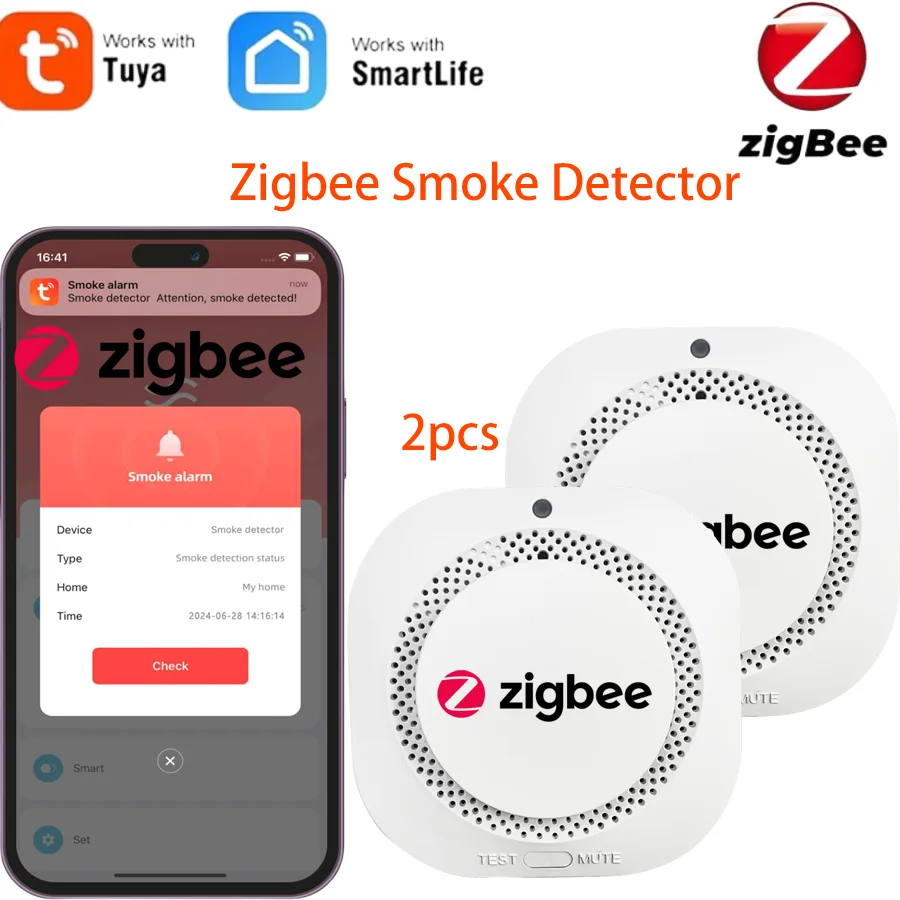 2 paquetes de Sensor de humo Tuya Zigbee, Detector de alarma de incendio, alarma de seguridad para el hogar, Sensor de humo que debe funcionar con Tuya Zigbee Hub