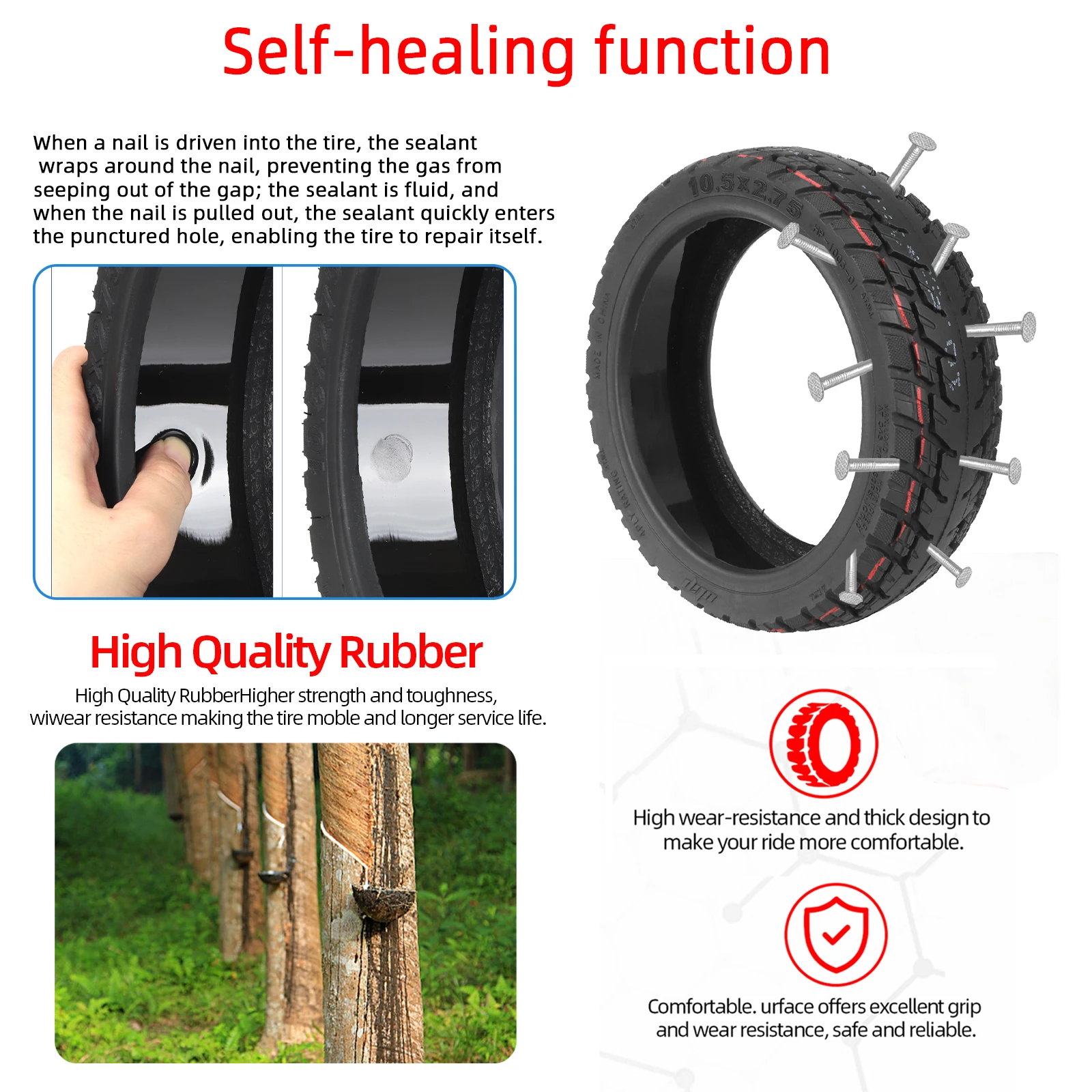 Ulip 10.5x2.75 Self-healing Tubeless Tire 10Inch Thickened Non-slip Built-in Self-repair Glue For Ninebot P65 P100/S/SU Scooters