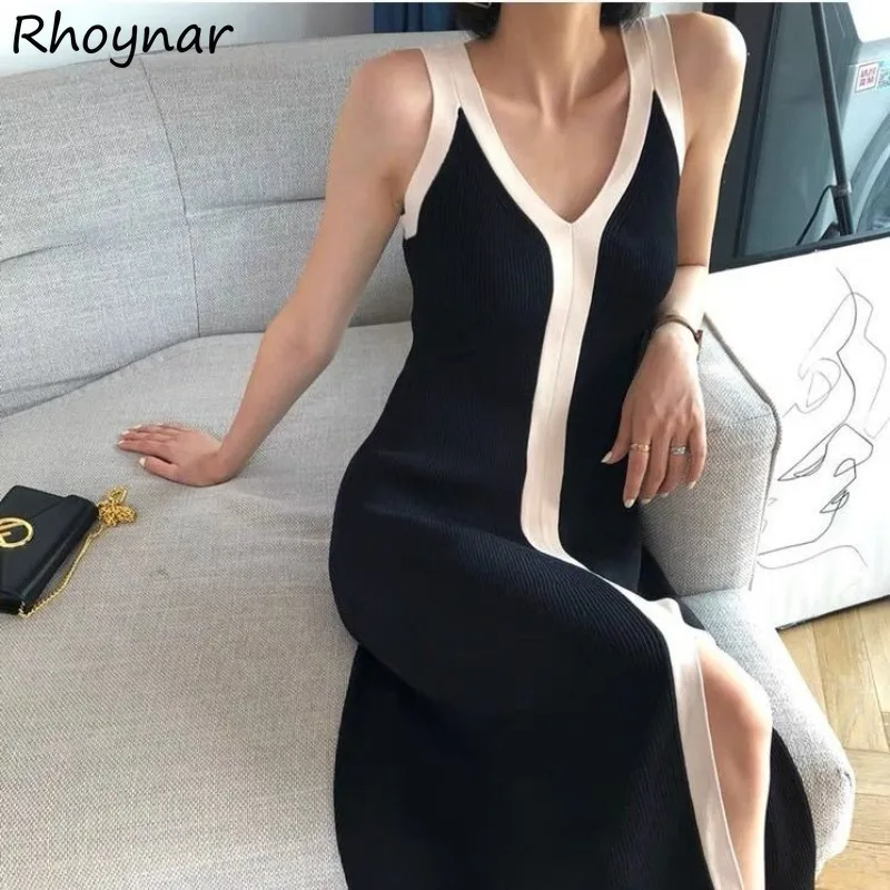 Cami Dress Women Midi Off Shoulder Panelled V-neck Slit Summer New Korean-style Temperament Gentle Casual Simple Office Ladies