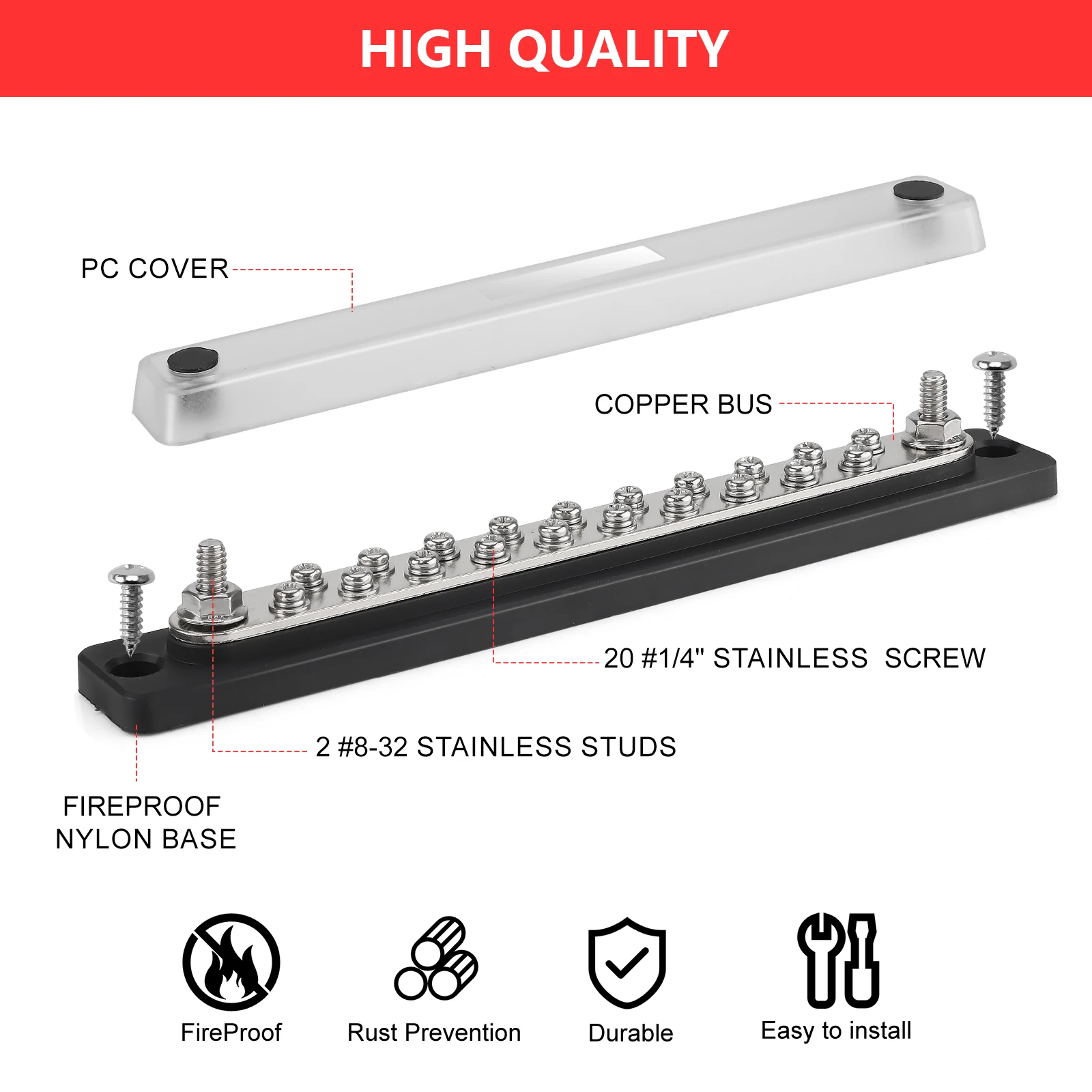 Bloco de distribuição de energia de barra de ônibus 150A, design de módulo resistente, 12-36V DC, pinos terminais de barra de ônibus para caminhão de barco automotivo marinho