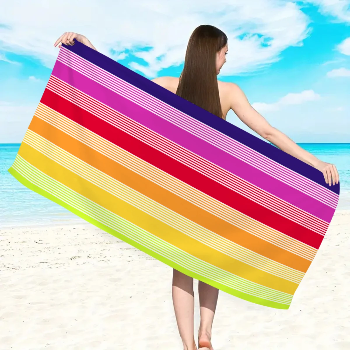 1pc color striped printed beach towel, ultra-fine fiber bath towel, lightweight, absorbent, quick drying, (single-sided printed)