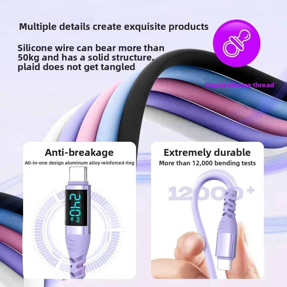 Silicone 240W Digital Display USB C to Type C Fast Charging Data Wire Cable For Iphone 15 16 17 Pro Max Samsung s26 s25 Xiaomi - view 5