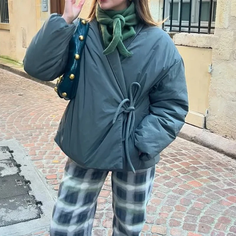 ファッションカジュアルグレーレースアップコート女性用コットンVネック高級ポケット付き厚手ジャケット女性用ストリートオールマッチアウタートップ2025秋