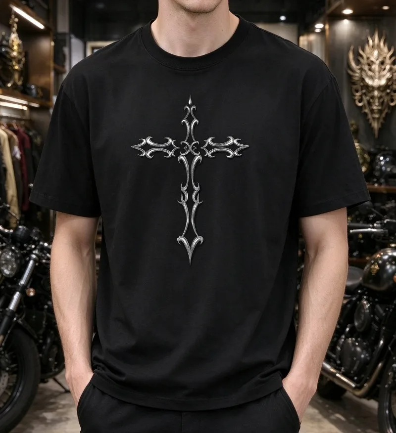 Gothic Cross T-Shirt Men Modal Short Sleeve Silver Tribal Cross Graphic Casual Streetwear Christian Faith Tee Y2K Retro Vibes