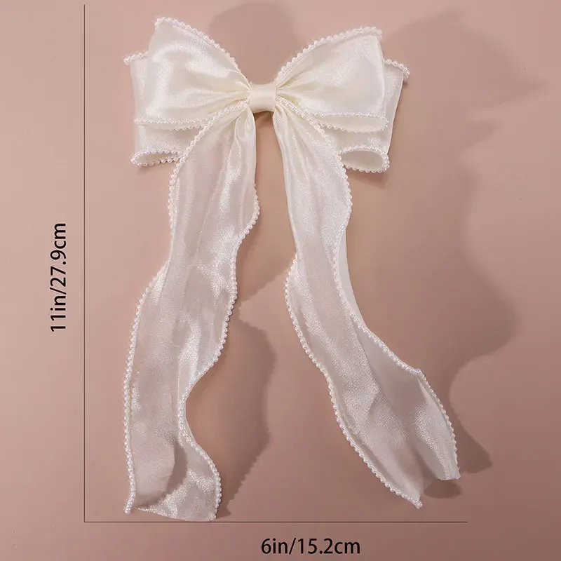 Long Satin Pearl Hairpin Fashion Ponytail Hair Pin Barrette Large Silk Bow Hair Bow Clip For Women Wedding Hair Accessories