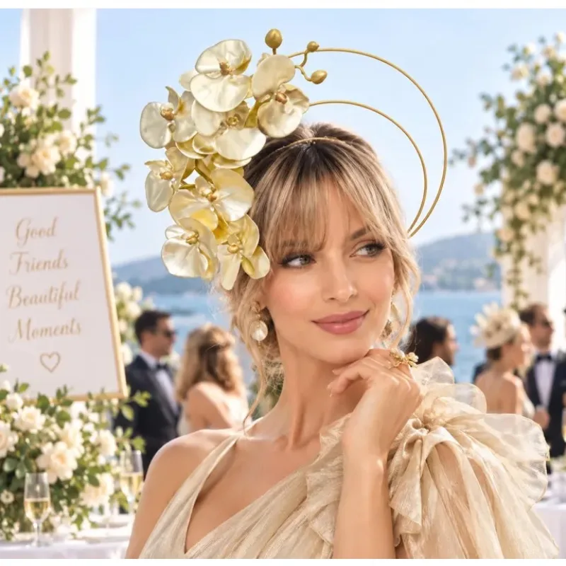 Metallic Gold Phalaenopsis Orchid Floral Halo Crown Headband Headpiece Metallic Fascinator Derby Hat Melbourne Cup