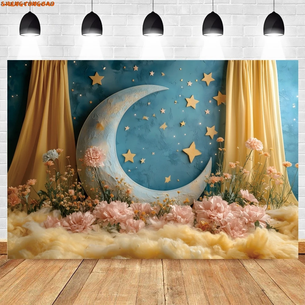 Moon Wonderland Theme Photography Backdrop Flowers Princess Birthday Party Decor Kids Portrait Background Photobooth Supplies
