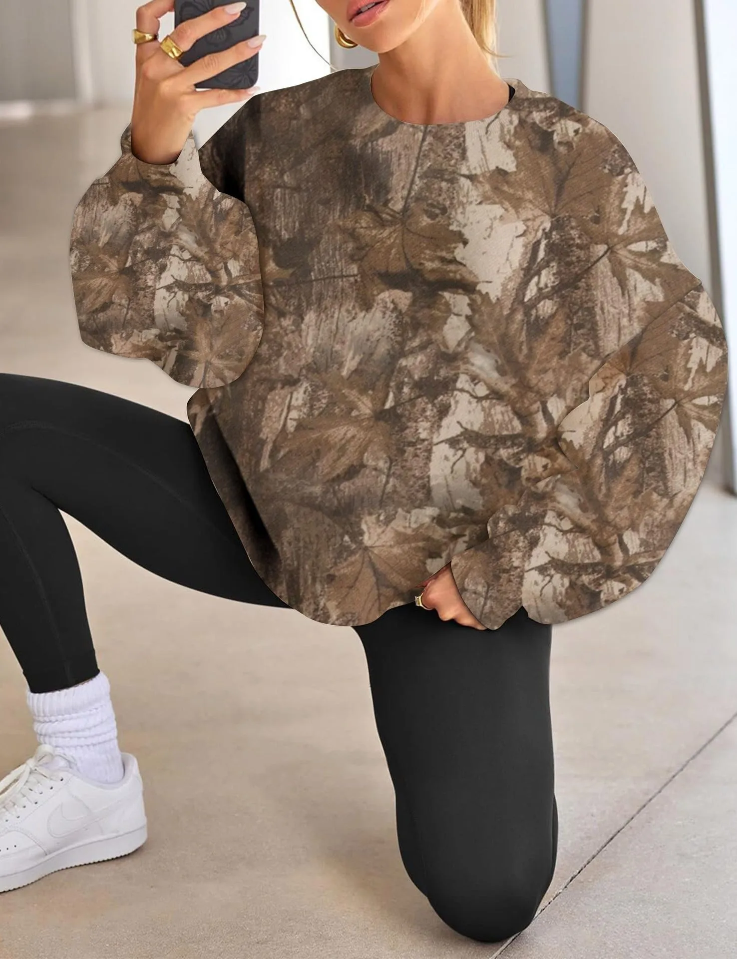 Printed Loose Fit Hoodie with Plant Floral Pattern Mid Length Streetwear No Hood Casual Long Sleeve Pullover Women Hoodie