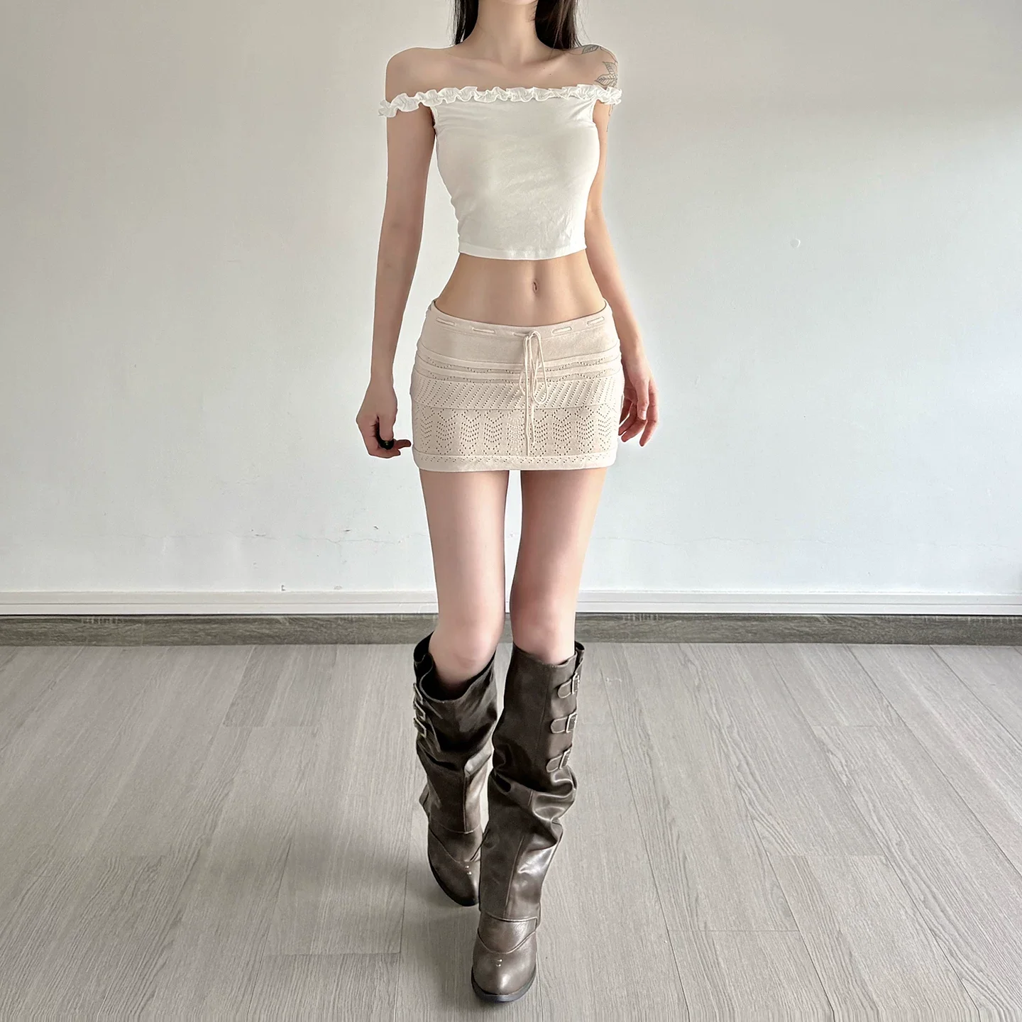 

Bodycon Skirts Brown Women Graphic Work Diamond High-Waist Uniforms Carnival Lace-Up Pockets Cargo Low-Waisted Band Hip Bling Ol