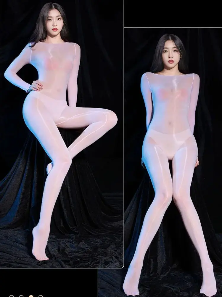 Unisex błyszcząca błyszcząca 8D nylonowa Bodystocking obcisła osłona na penisa z zamkniętymi krokami body rajstopy seksowna bielizna trykotowa piżama