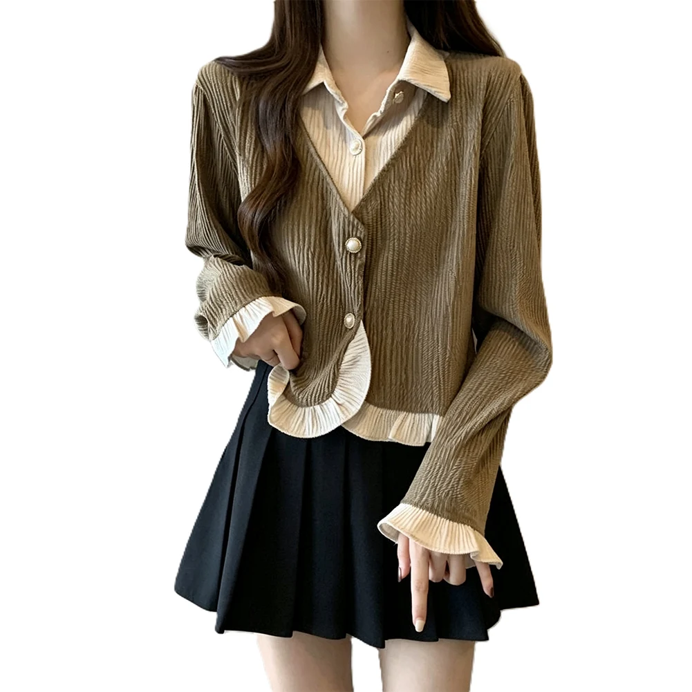 Loose for Fit Women Color Block Two Piece For Top with Long Sleeves and Lapel Collar for Beach Cycling Holiday Use