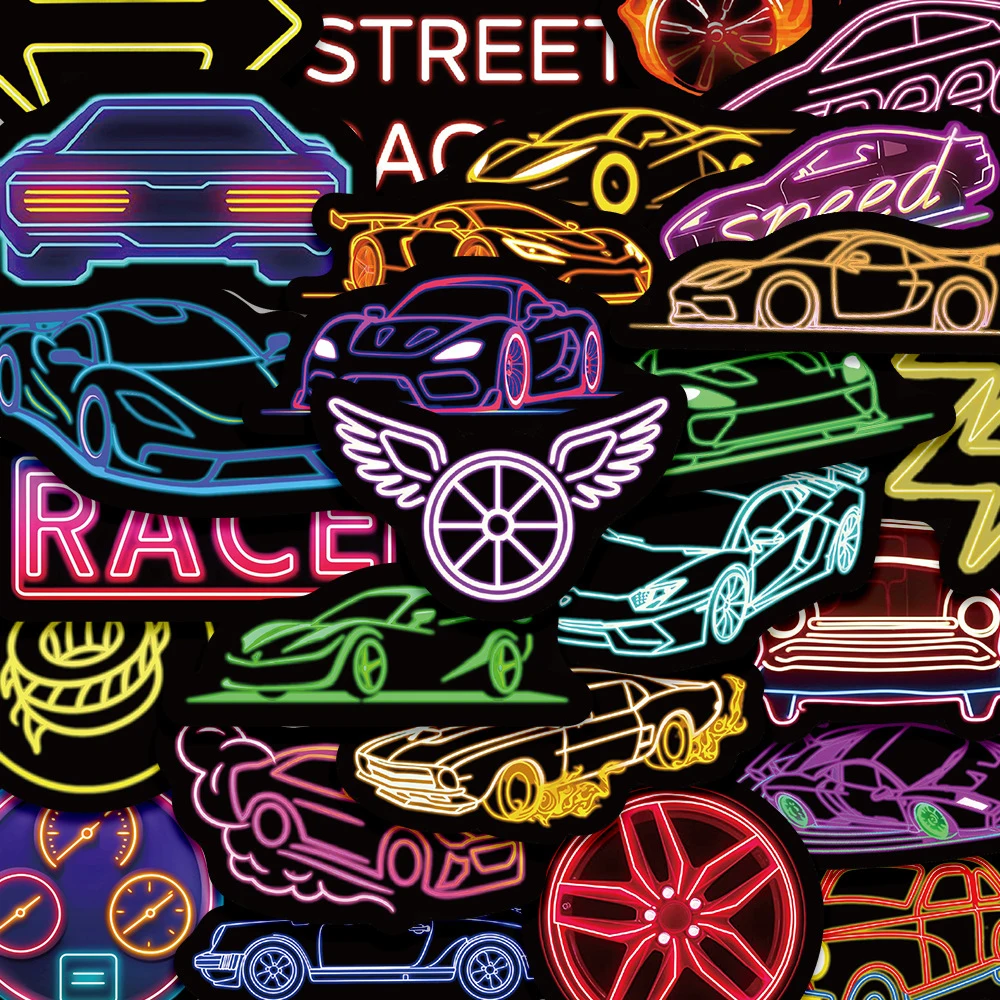 10/30/50pcs Neon Racing Car Cartoon Stickers CoolGraffiti Helmet Phone Skateboard Classic Waterproof Decals Toys Gifts