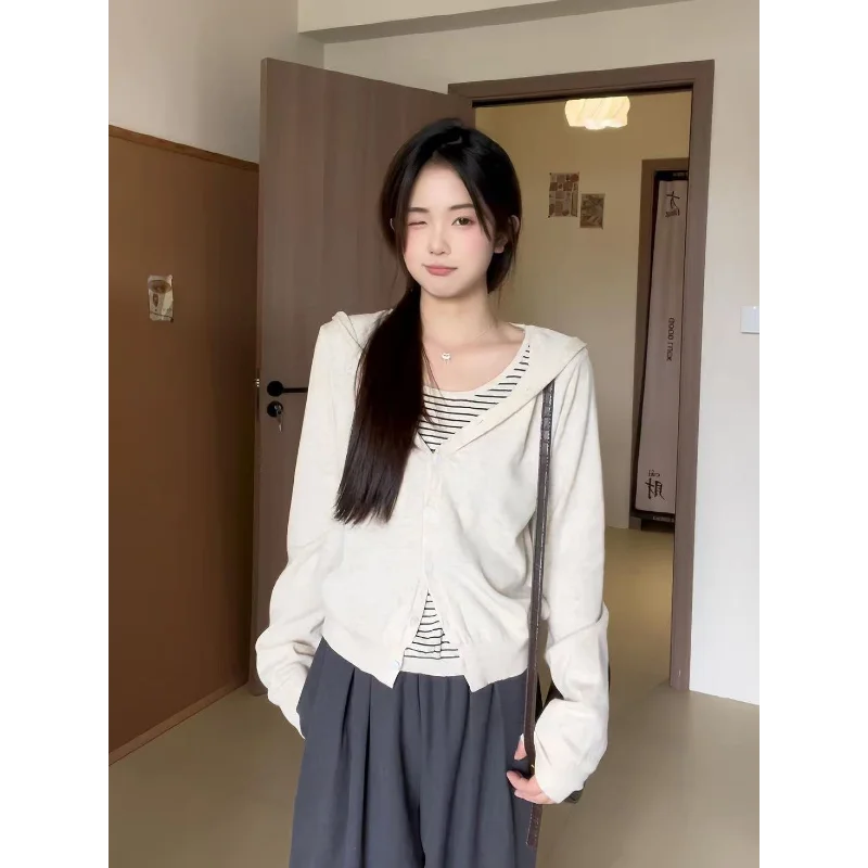 

Повседневный многослойный вязаный свитер с капюшоном и длинными рукавами, свободный винтажный дизайн