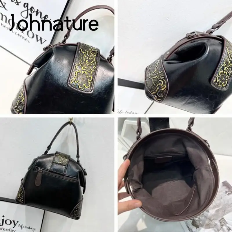 Johnature Retro Embossed Women Leather Bag 2024 New Versatile Leisure Handbag Large Capacity Shoulder & Crossbody Bags