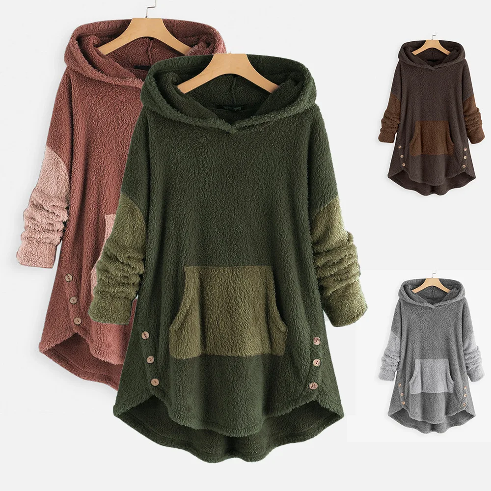 2022 Winter mäntel Kapuze Fleece flauschigen Knopf warm gepolsterte Jacke Frauen lässige Tasche einreihige feste Hoodie