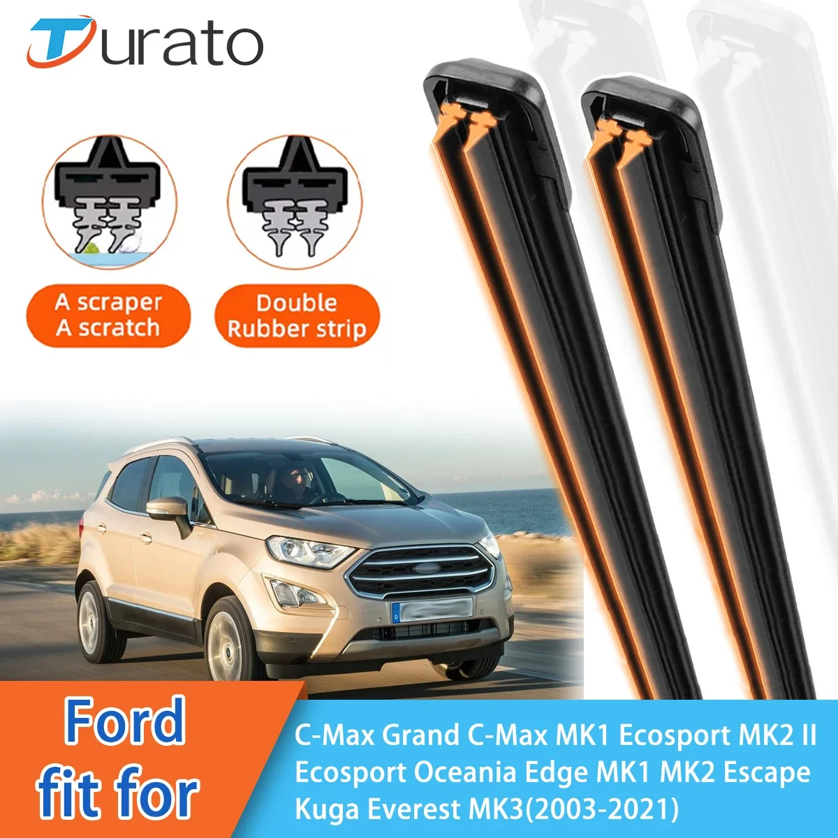 For Ford C-Max Ecosport Oceania Edge Escape Everest MK3 Front Windscreen Wipers Double Rubber Car Wiper Blades Car Accessories