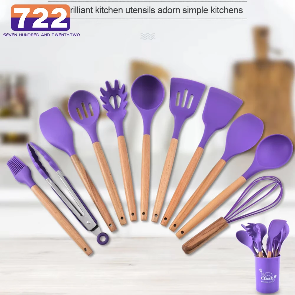 

1 Set Purple Food Grade Silicone Kitchen Cookware Wooden Handle Practical Cooking Tool Kitchenware Set Cooking Baking Tool