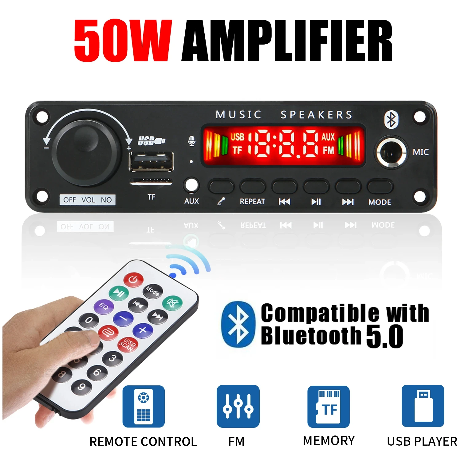 50W DIY Amplifier Bluetooth Decoder Board 12V 6.5mm Microphone FM Radio TF USB Car Audio Music Player Speakers Volume Control