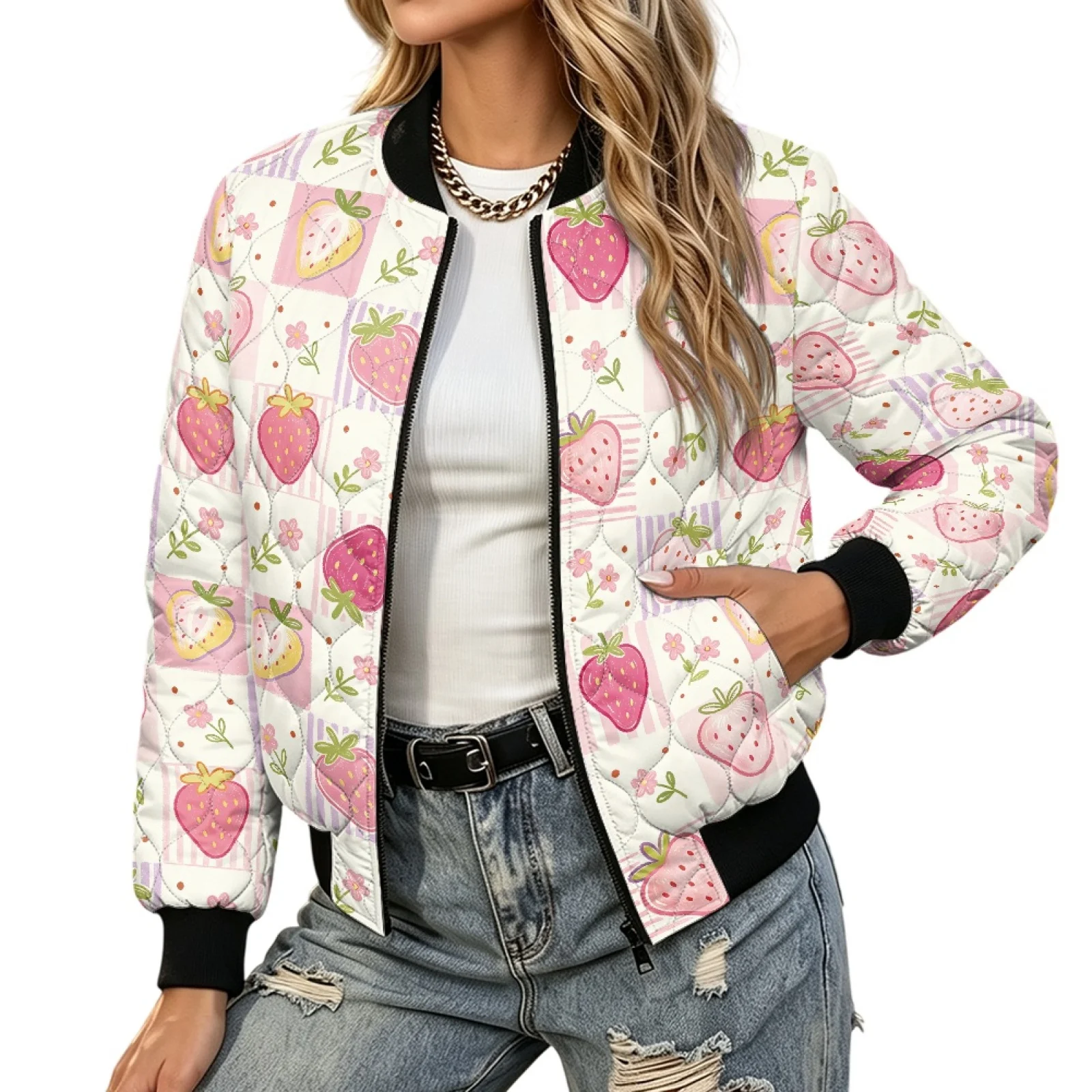 PENSTROLL Pink Strawberry Ladies Zip Front Quilted Padded Outerwear for Outdoor Fashion Winter Quilted Jackets for Travel
