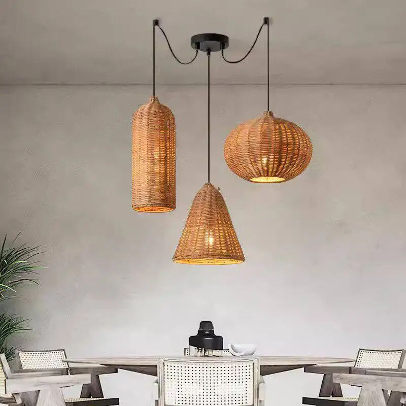 Rattan chandelier Japanese retro dining room bar counter light Chinese zen tea room bed side dining lamp