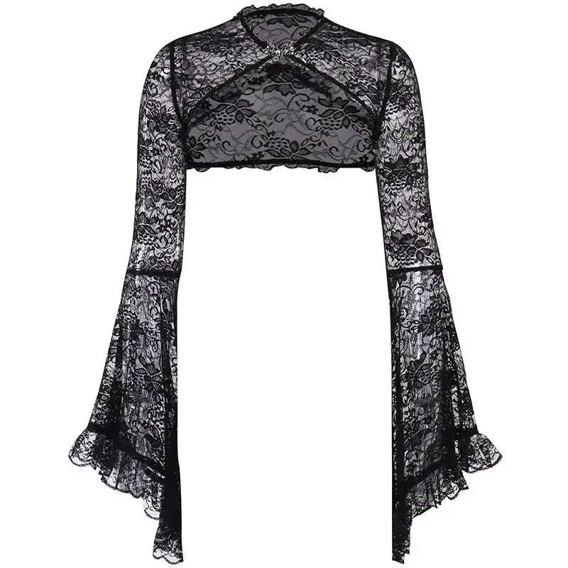 Women's Long Sleeve Top Sexy Gothic Black Lace Crop Tops Y2k Shrug Shawls See Through Flare Sleeve Cover Up Wraps for Dress