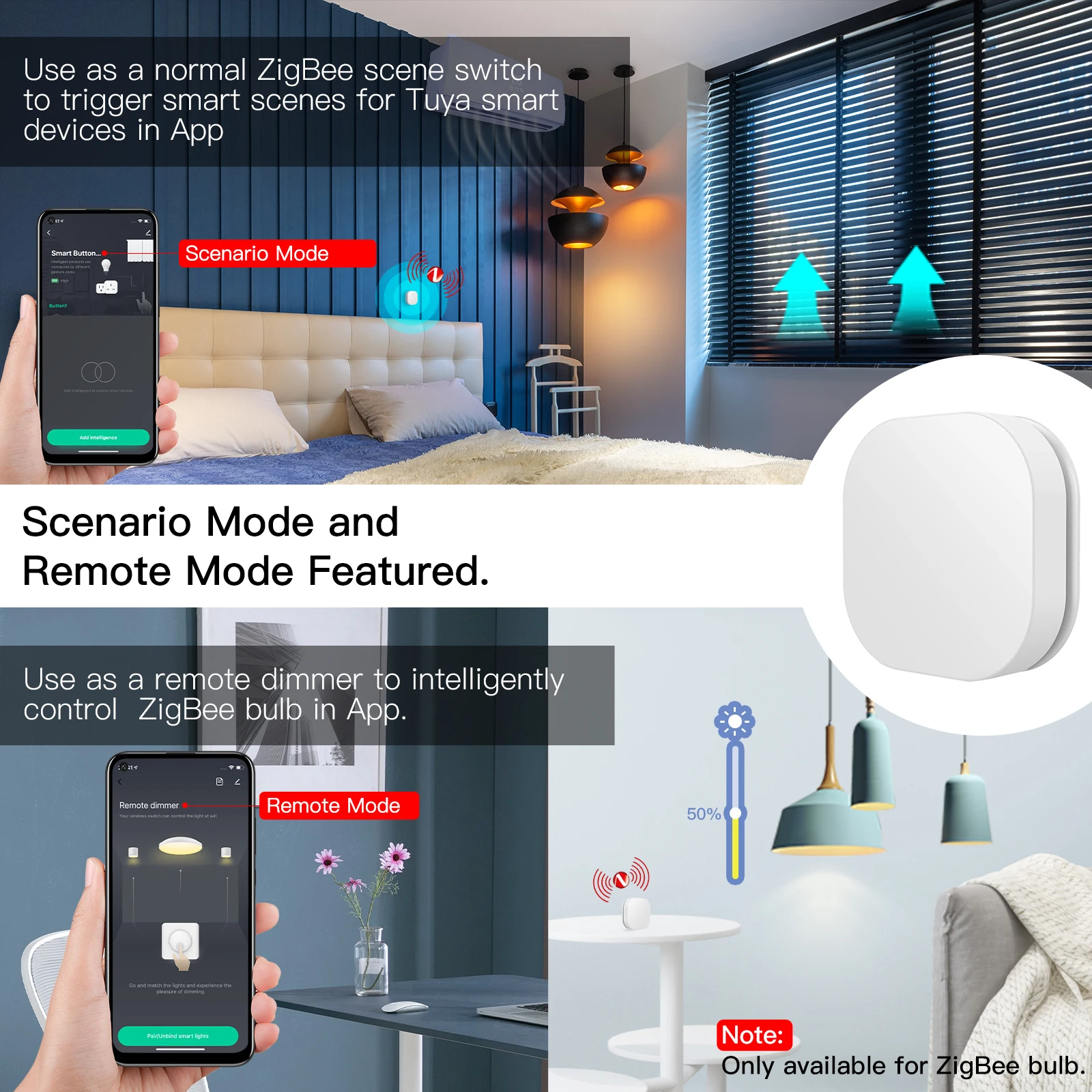 MOESHouse Tuya ZigBee Smart Key Wireless Switch with Remote Control, Multi-scene Linkage, Battery Powered Automation