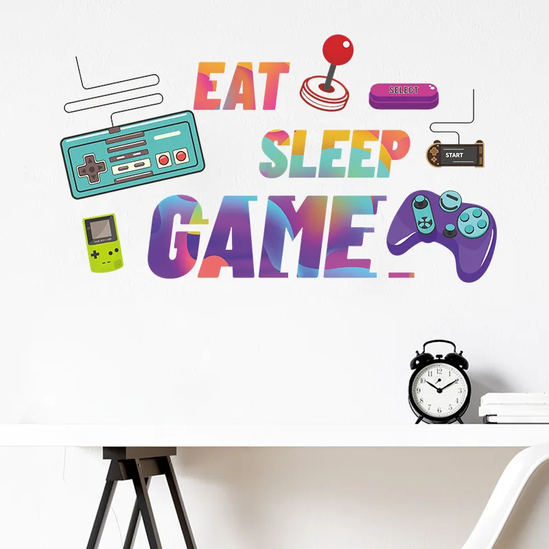 "Eat Sleep Game" Wall Decal, Colorful Retro Gaming Quote with Controllers Removable Wall Sticker for Gamer Room