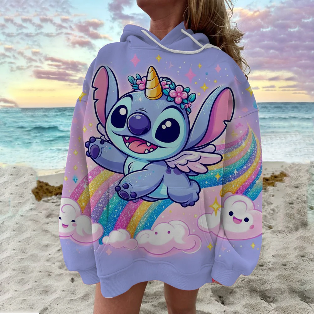 

Ladies' Disney Stitch printed sweatshirt, spring and autumn round neck pullover, Korean loose fitting clothing, retro Harajuku
