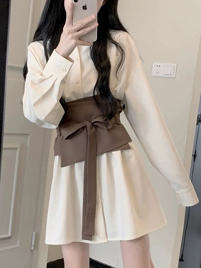 Women New French White Shirt Long Dress With Belt Spring Autumn New Style Temperament Shrinking Waist Slimming Short Dresses