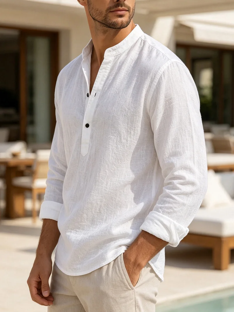 Herren Sommer Leinen Kurzarm Henley-Shirt mit Stehkragen, entspannte Passform, atmungsaktiv, leicht, lässiges Oberteil für den Alltag. – Detail 4