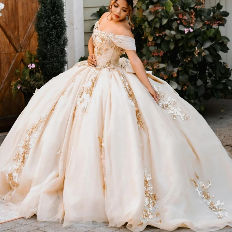 

Светлое платье Quinceanera цвета шампанского с открытыми плечами и блестками, аппликация, кружево, бисер, кристалл, тюль, вечерние, день рождения, сладкое платье 16,