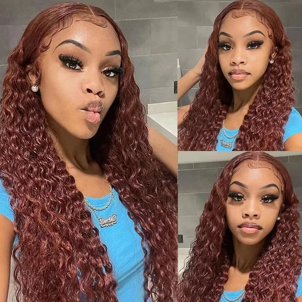 

36 Inches Curly Wigs 13×6 Lace Front Human Hair Wig Reddish Brown Glueless Wigs Human Hair Water Wave Human Hair Wigs