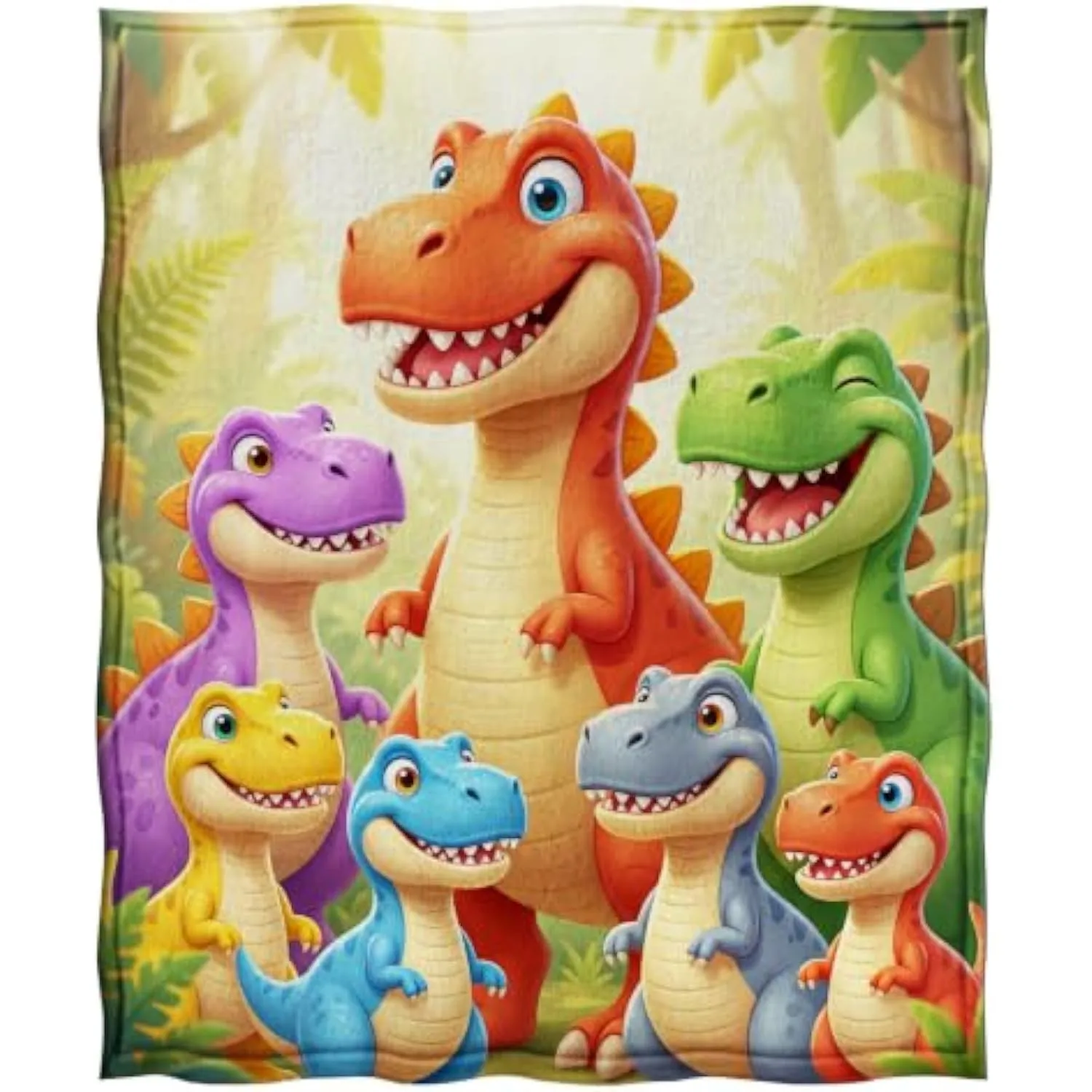 Cute Cartoon Dinosaur Flannel Throw Blanket, Colorful Jurassic Dino Family Pattern Soft Warm Blanket
