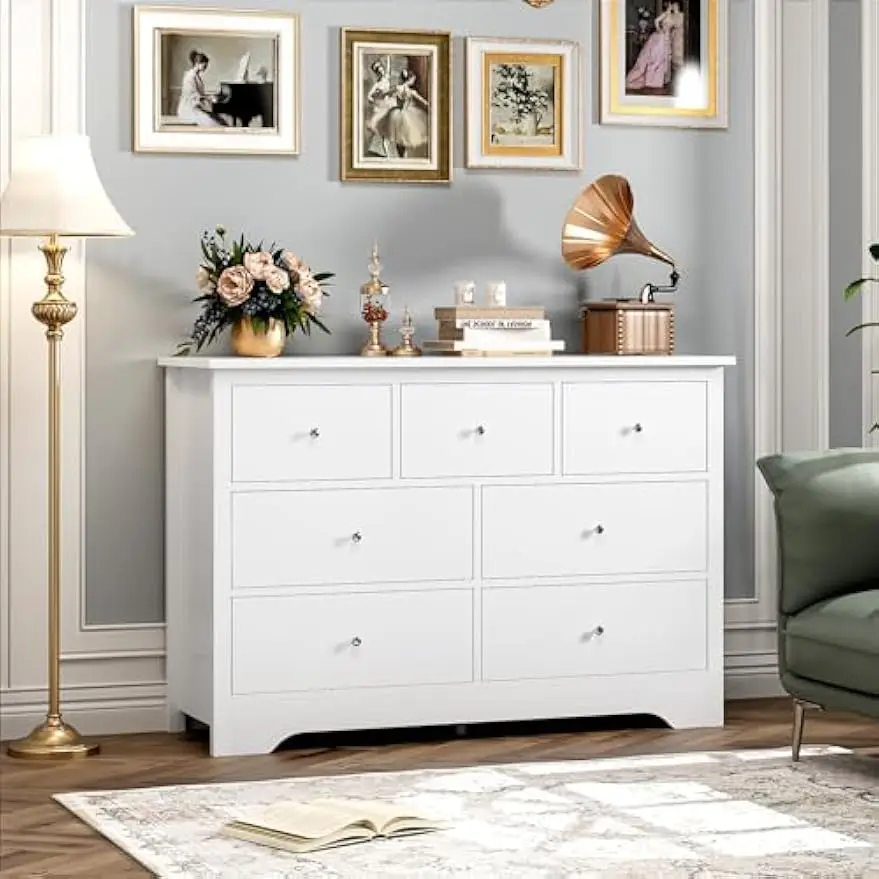 White Dresser 7 Drawer with 19'' Deeper Depth, 47.2'' White Chest of Drawers Modern Dresser with Metal Handles, White Dresser