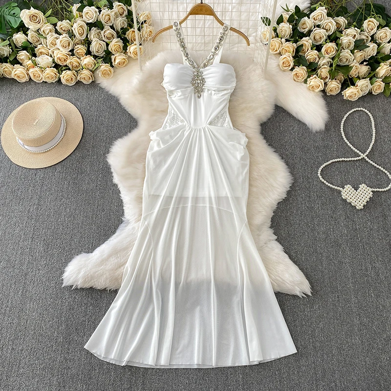 RORORIRI Sheer Mesh Stitch Lace Diamond Tank Dress Women Off-shoulder Pleated Slim Bodycon Mermaid Long Dress Sexy Party Clothes