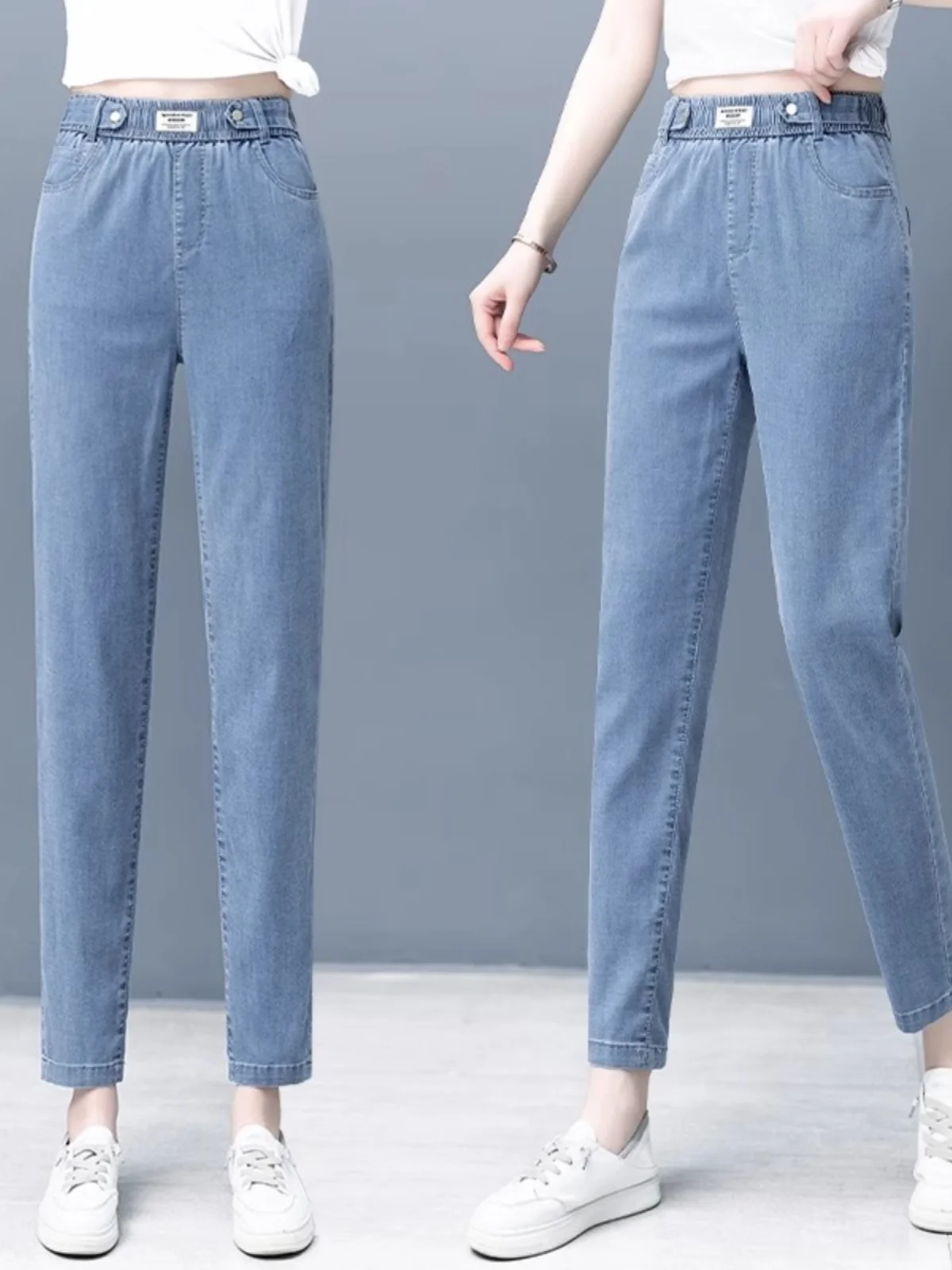 

Женские джинсы-харланы с высокой талией, летние, тонкие, широкие, прямые, повседневные, свободные, из ледяного шелка, укороченные, синие, деним