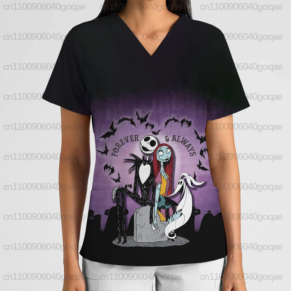 

Женская униформа медсестры «Кошмар перед Рождеством» с принтом Джека и Салли, женская карманная футболка для салона красоты, скраб для домашних животных, топ