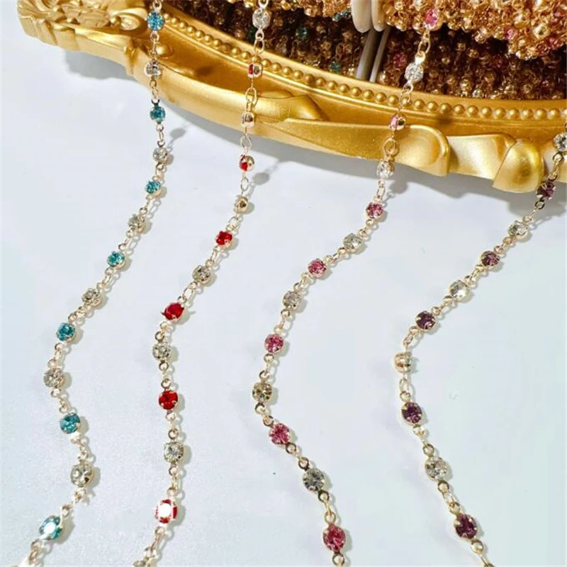 New Gold Color Plated CZ Crystal Round Beads Link Chains DIY Jewelry Making Necklace Tassel Chain Craft Garment Accessories