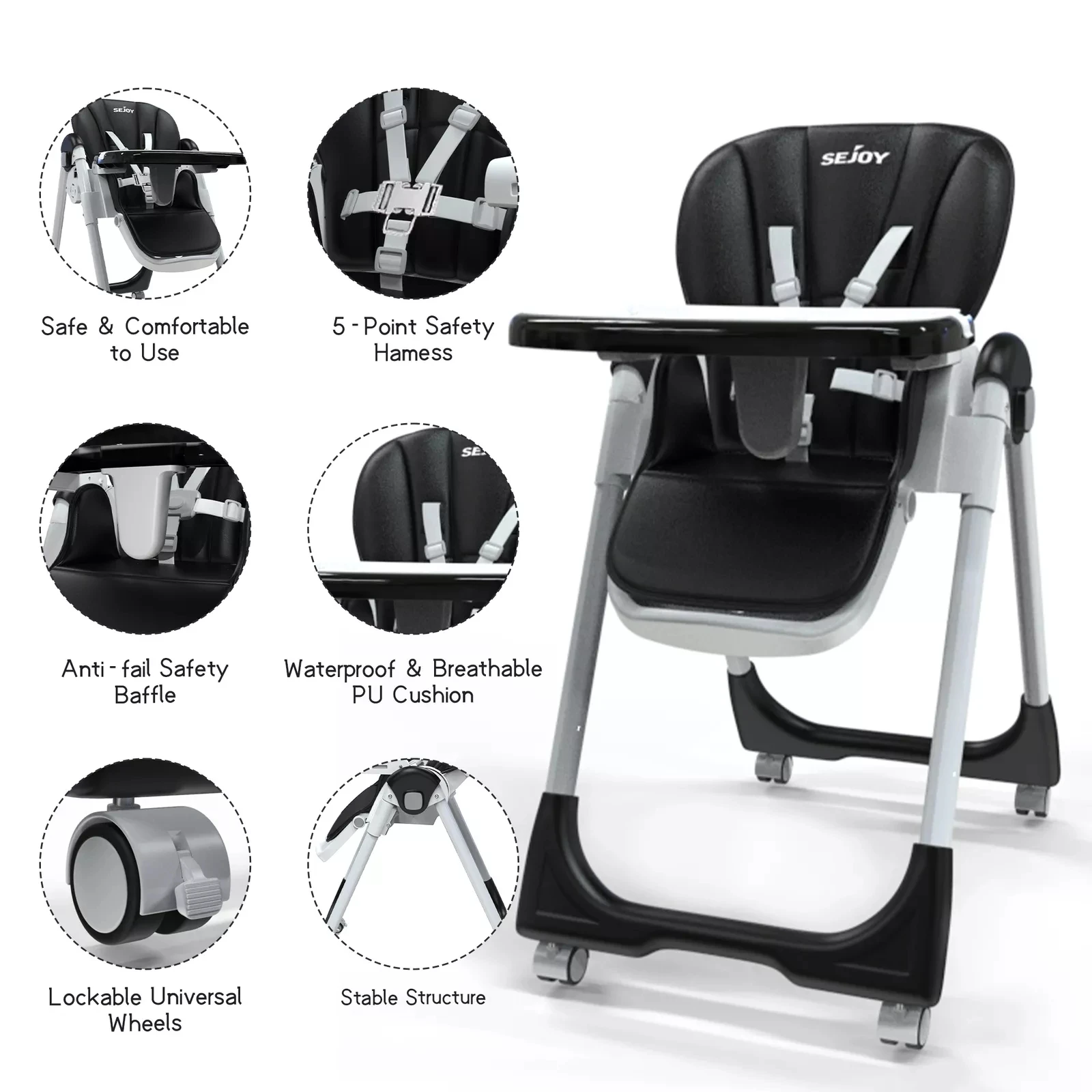 Sejoy-silla alta plegable para bebé, respaldo ajustable, doble bandeja extraíble, cojín de cuero PU desmontable, silla alta para