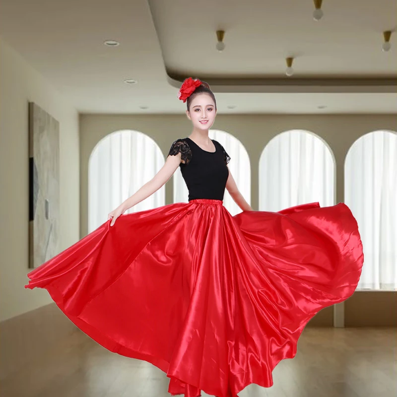 

Танцевальные костюмы Bally 10 цветов, сценические костюмы для взрослых женщин, большие качели, атласная шелковая однотонная Цыганская испанская юбка фламенко