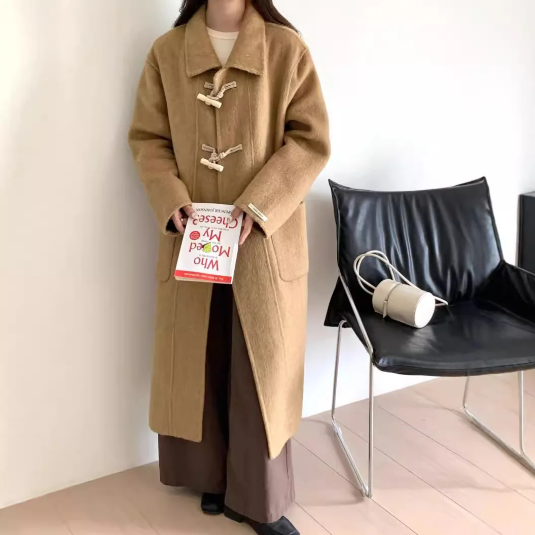 

Двустороннее шерстяное пальто Thiened Long Fem Sle с отложным воротником и роговой пуговицей, осенне-зимнее и весеннее женское пальто